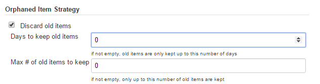 Orphaned Item Strategy section in Jenkins configuration page for organization folder, showing the 'discard old items' option as checked, with fields for 'Days to keep old items' and 'Max # of old items to keep', both with empty input boxes. Checkbox to 'Abort builds' is unchecked.